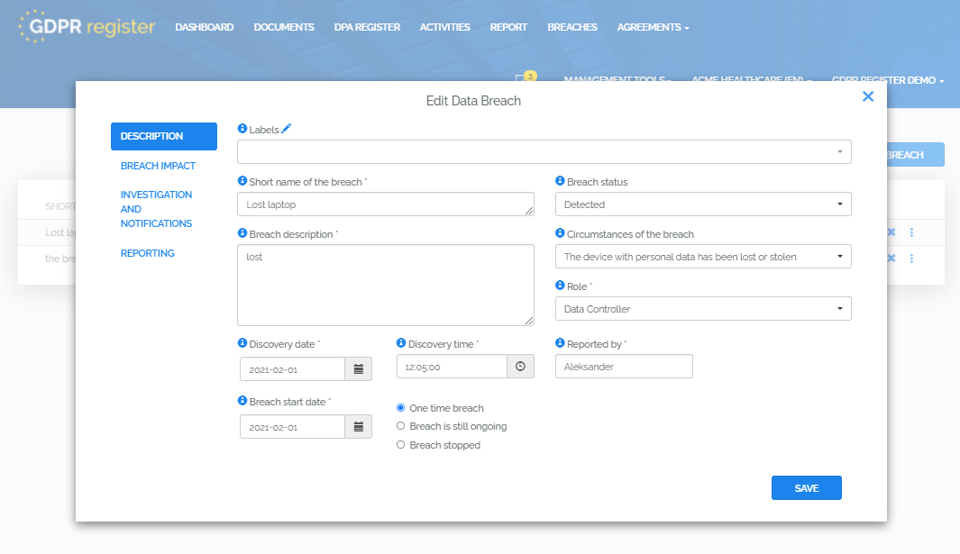 screenshot of GDPR Register
